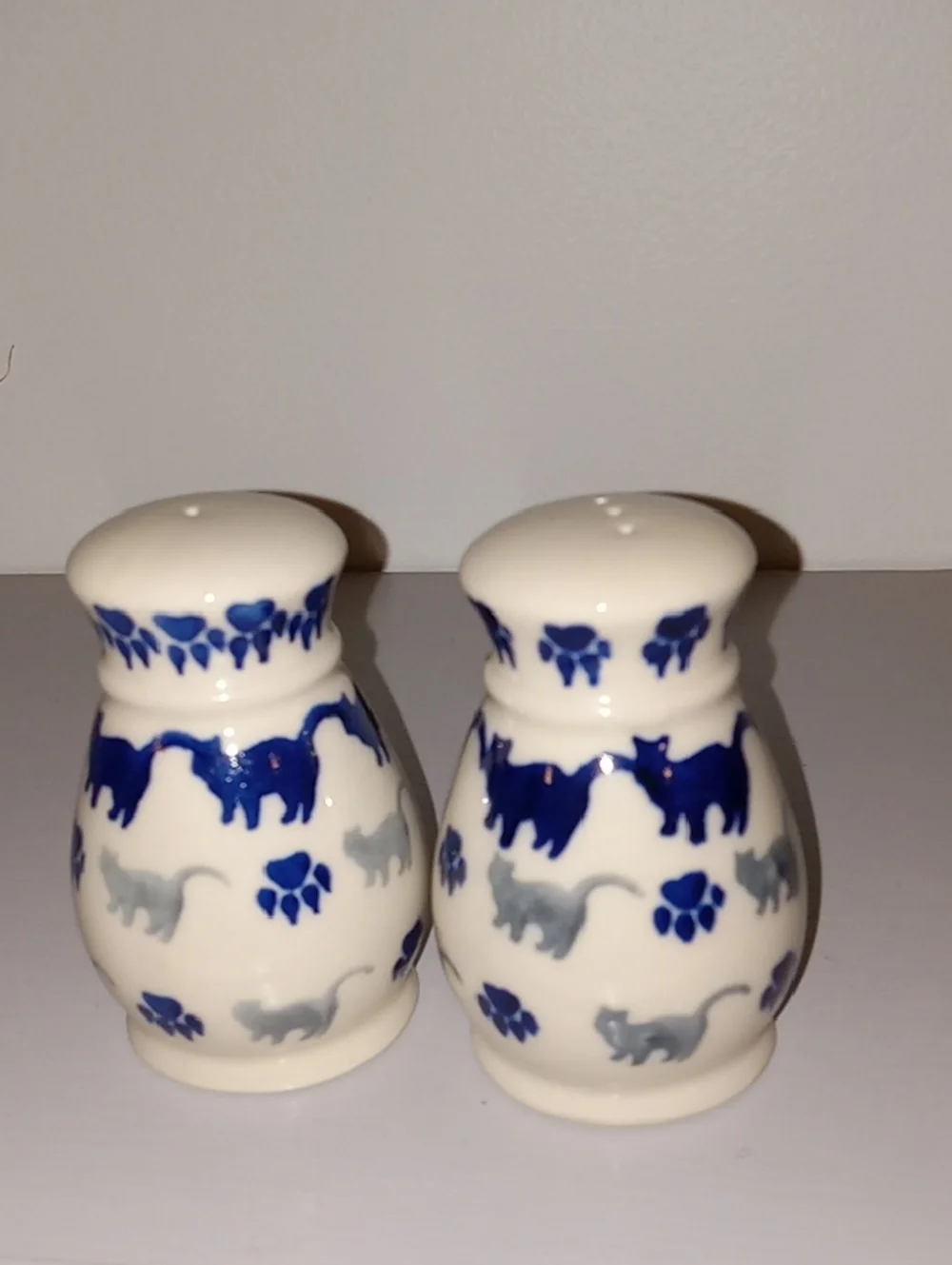 Polish Pottery Ceramic Blue and Gray Cat Print Salt & Pepper Shakers NWOTS